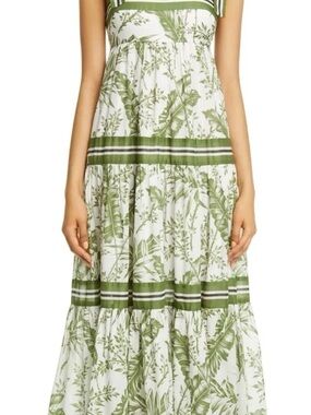Sweet Wanderer Green and White Leaf-Print Tiered Maxi Dress Vacation Beachy